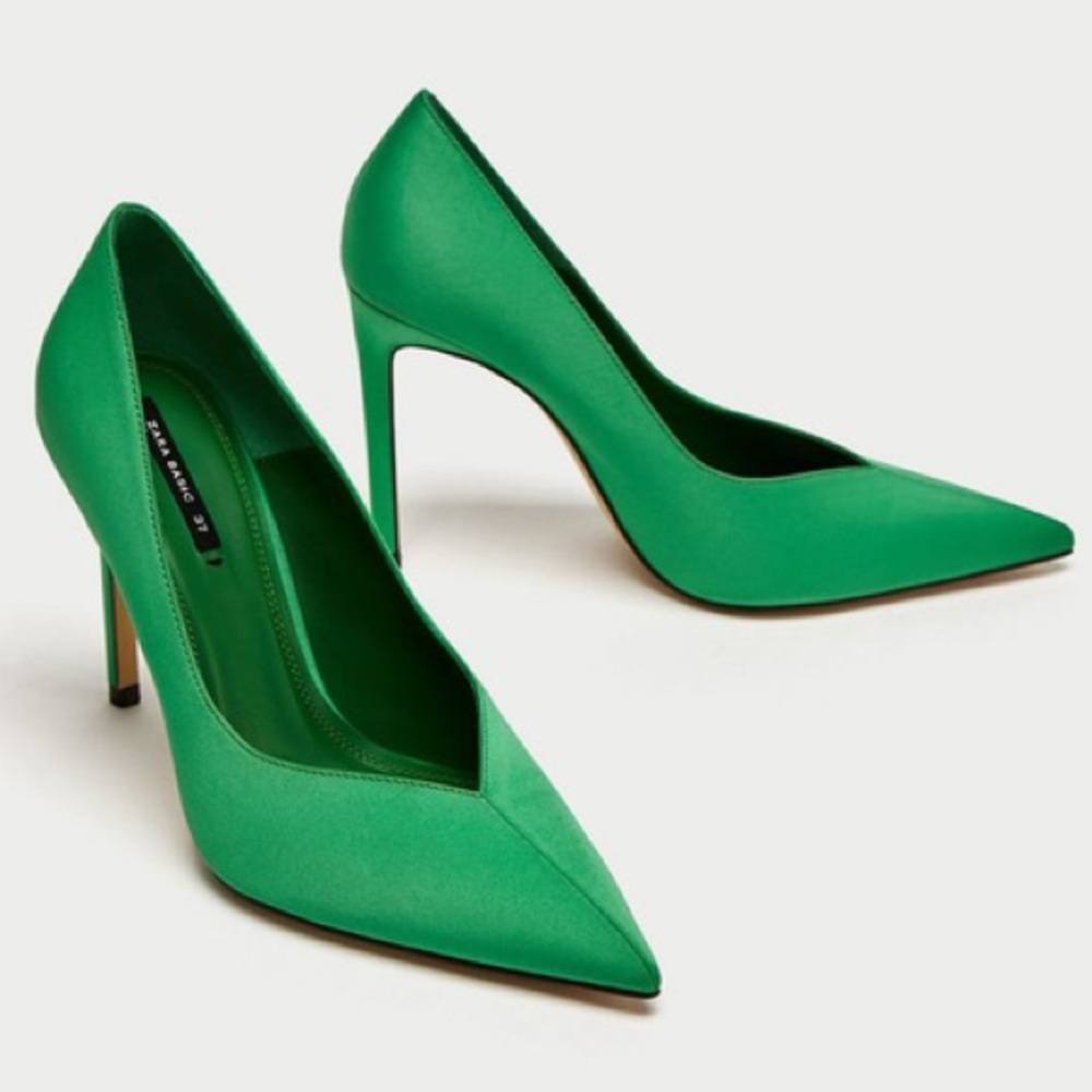 Zara Green Satin High-Heel Pumps - Size 6
